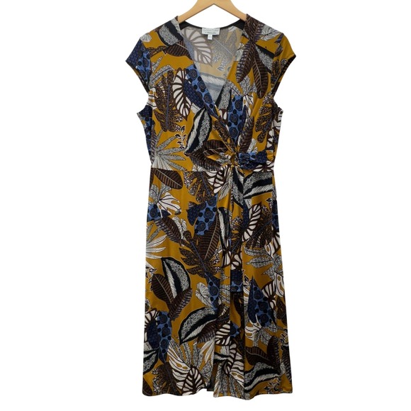 Boho Floral Wrap Dress Womens Size Large Yellow Blue Leaf Print Midi Cap‎ Sleeve - Picture 1 of 10